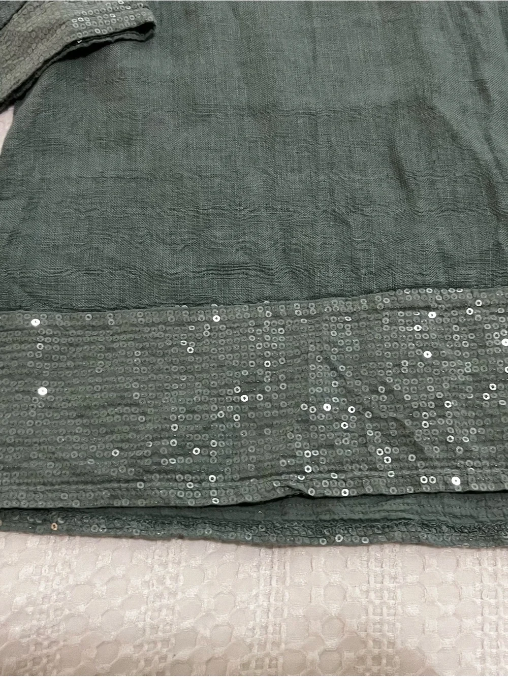 Bellambra Relaxed Sage Light Teal Linen Tunic with Sequin Trim Sz L Breezy - Picture 4 of 9